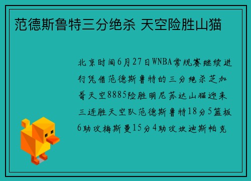 范德斯鲁特三分绝杀 天空险胜山猫