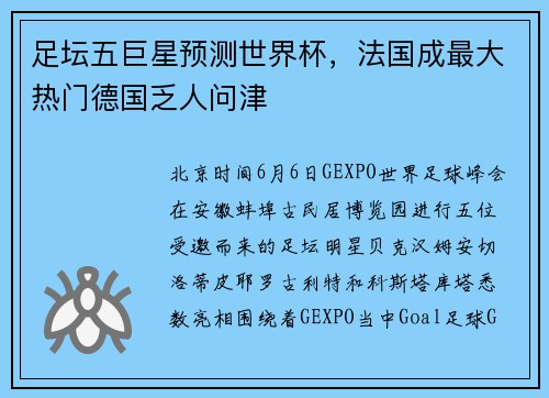 足坛五巨星预测世界杯，法国成最大热门德国乏人问津