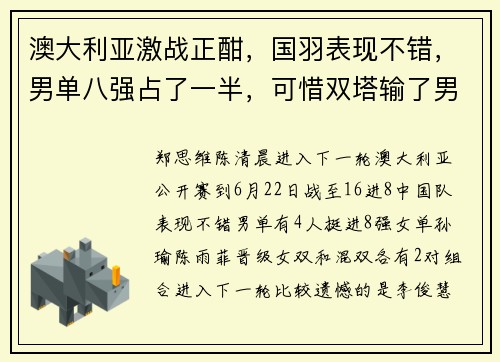 澳大利亚激战正酣，国羽表现不错，男单八强占了一半，可惜双塔输了男双